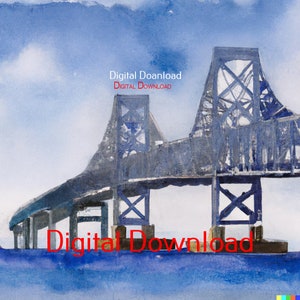 Watercolor Chesapeake Bay Bridge Drawings - High Quality Digital Download
