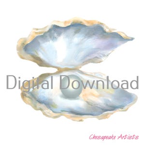 May include: A white seashell with a pearl inside. The shell is open and the pearl is visible. The shell is painted in a watercolor style.