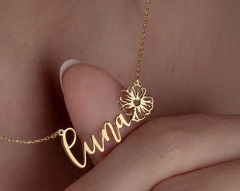 Collier de nom de fleur, collier de nom personnalisé, collier minimaliste, cadeau pour petite amie, cadeau pour maman, cadeau du 30e anniversaire pour les femmes