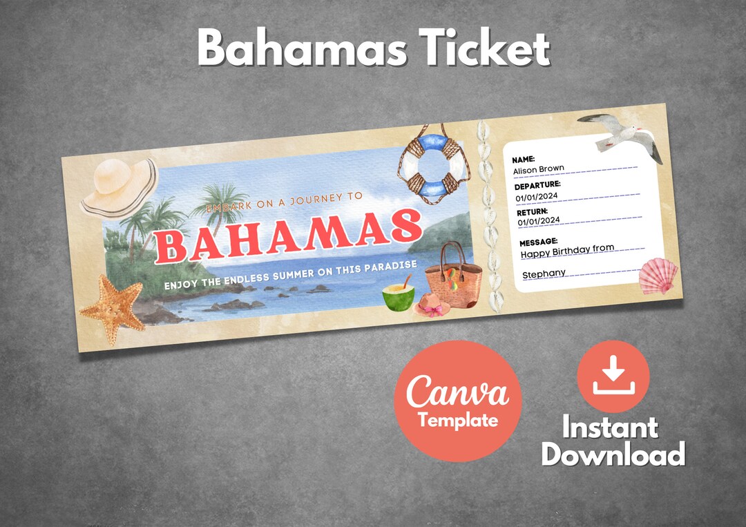 Editable Bahamas Ticket Template Printable Bahamas Surprise Etsy