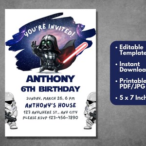 Printable Darth Vader Birthday Invitation Template Editable - Etsy