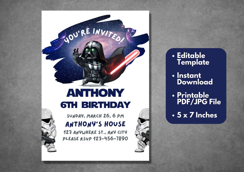 Printable Darth Vader Birthday Invitation Template Editable - Etsy
