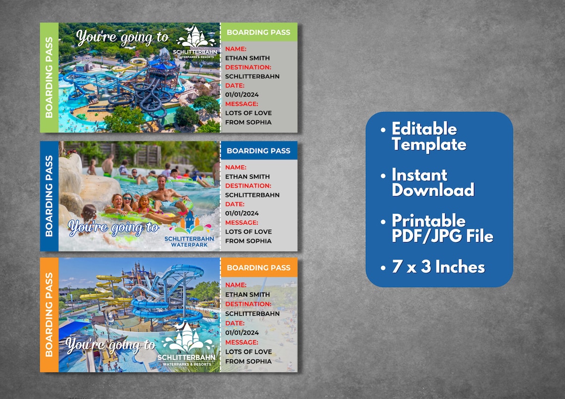 Editable Schlitterbahn Waterpark Surprise Ticket Template Etsy