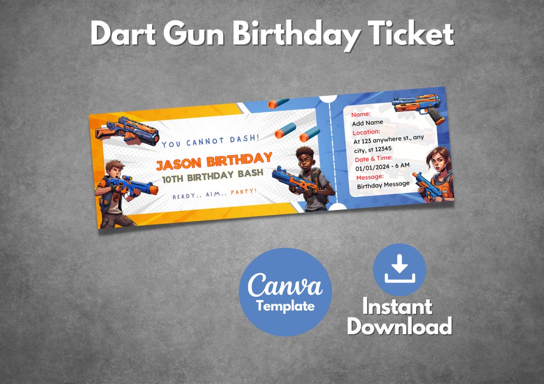 Editable Dart Gun Party Ticket Template Printable Dart War Etsy