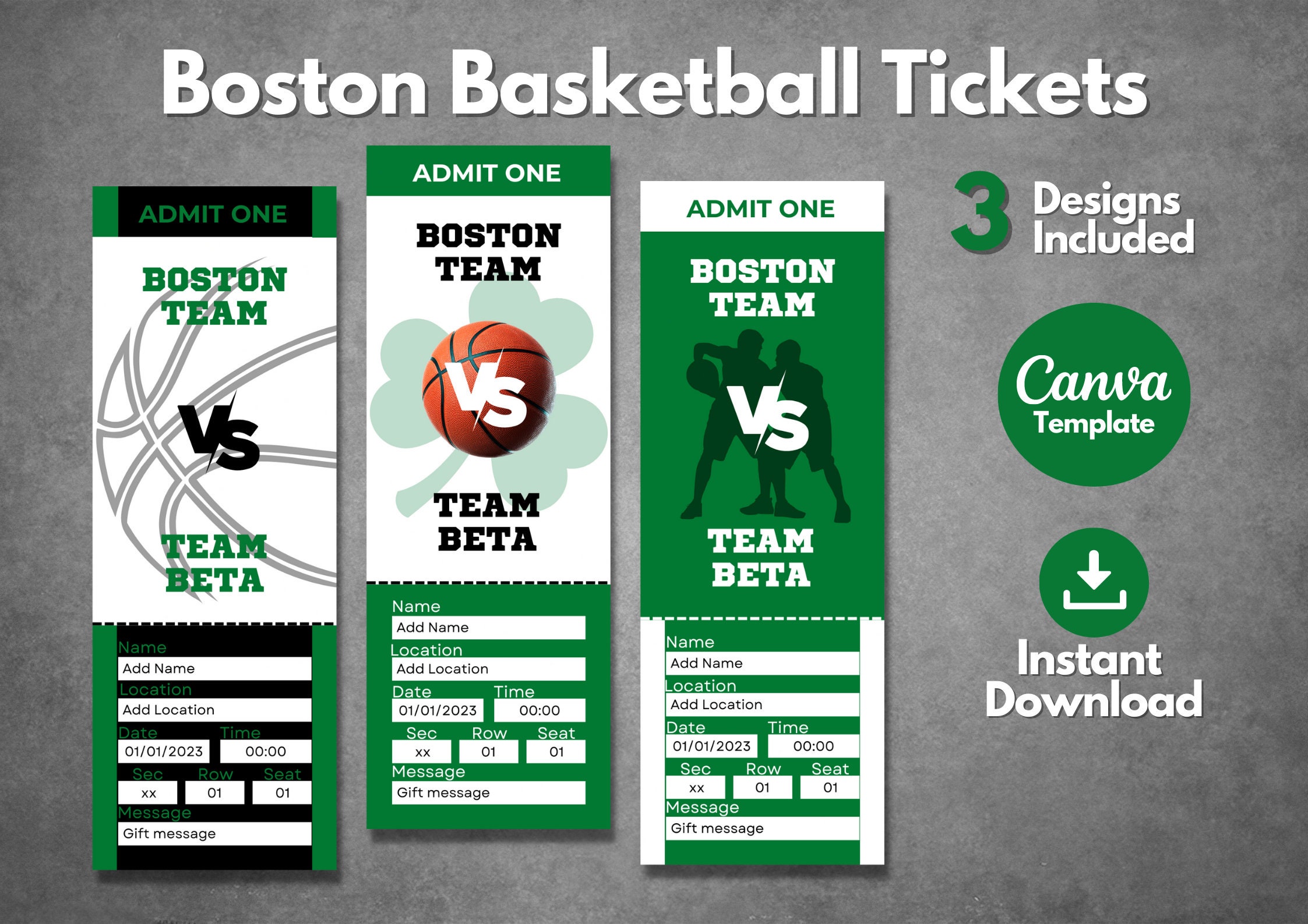 Boston Celtics Game Ticket Gift Voucher  Printable Surprise NBA Basketball  Tickets