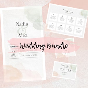 Puede incluir: Un conjunto de boda con invitación, plano de asientos y tarjetas de agradecimiento. La invitación incluye los nombres "Nadia & Alex" y detalles del evento. El plano de asientos muestra los nombres de los invitados. Suaves acentos de acuarela en melocotón y verde.