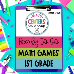 May include: A purple clipboard with a white sheet of paper. The paper has a colorful circle with the text "MATH CENTERS in a snap" and the text "Ready to Go MATH GAMES 1ST GRADE".