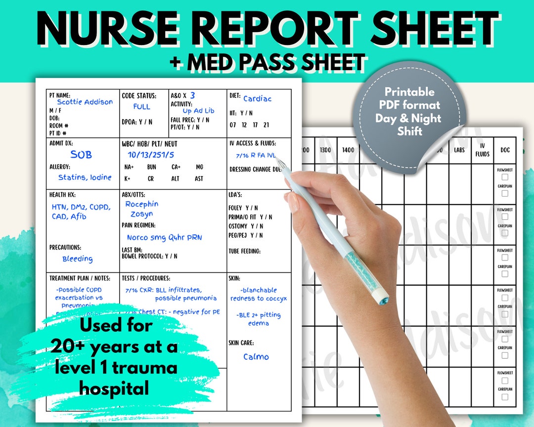 Nurse Report Sheet, Med Pass Sheet, Nurse Brain Sheet, Patient