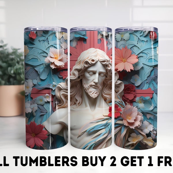 3D Jesus Tumbler Wrap 20oz Floral Sculpture Cup Christian Theme Tumbler Instant Download Starbucks Tumbler Wrap Crucifixion Design PNG