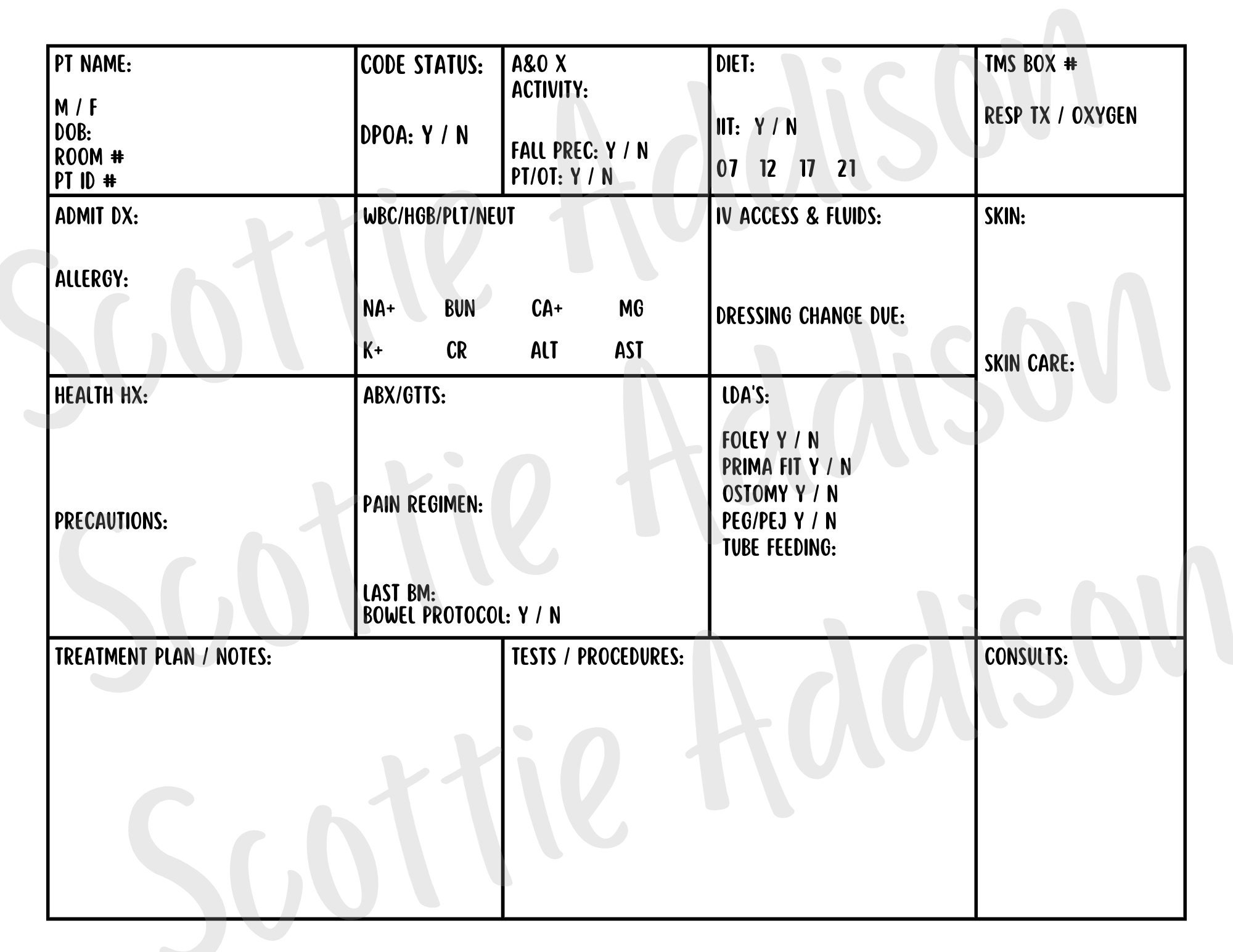 Nurse Report Sheet Med Pass Sheet Nurse Brain Sheet Patient Etsy
