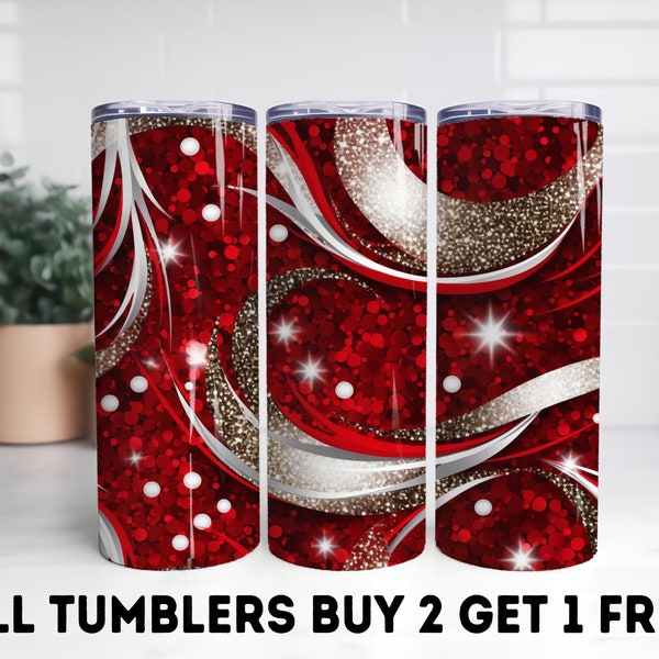 3D Red Glitter Bling Tumbler Cup Christmas Starbucks Tumbler Sublimation Holiday Design, Straight & Tapered Skinny Bling Tumbler Wrap PNG
