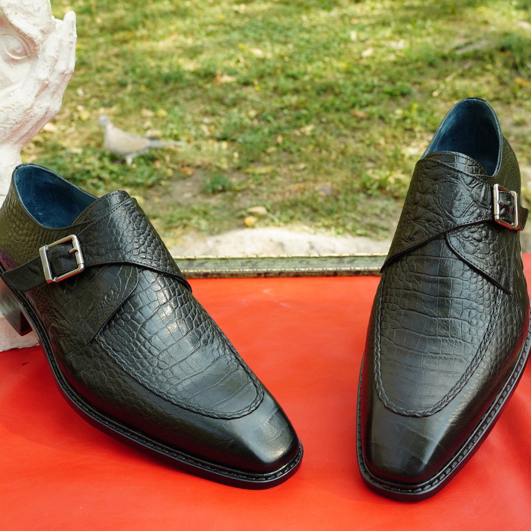Embossed Black Leather Monk Strap Men's Shoe Single Monk Strap Shoe ...