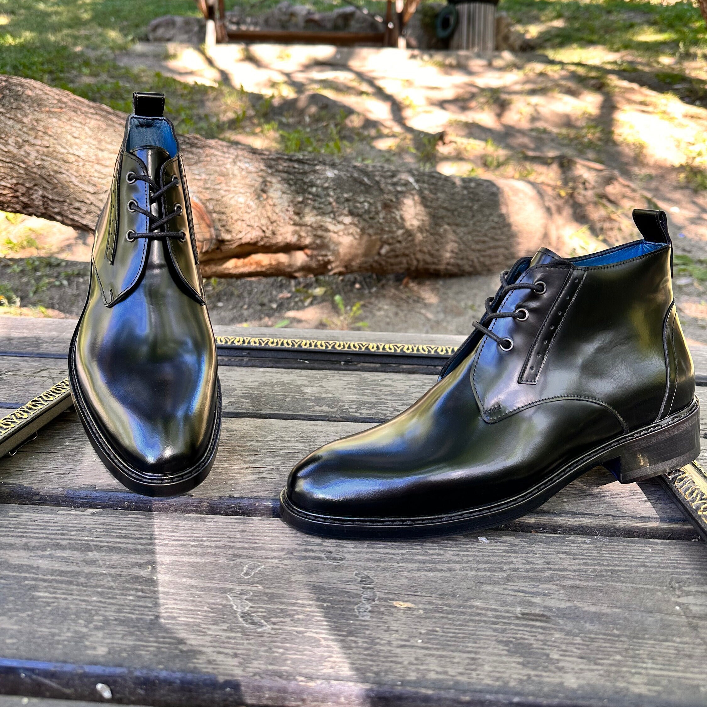 Black Chukka Boot for Men Patent Leather Dress Boot for Men Formal