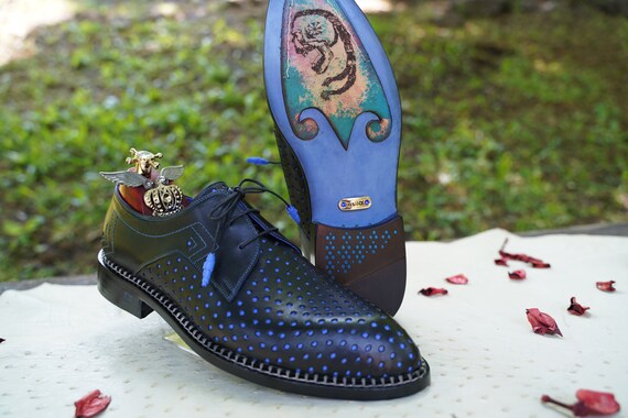 Perforated Derby Leather Men s Dress Shoe Blue Leather Men s Shoe
