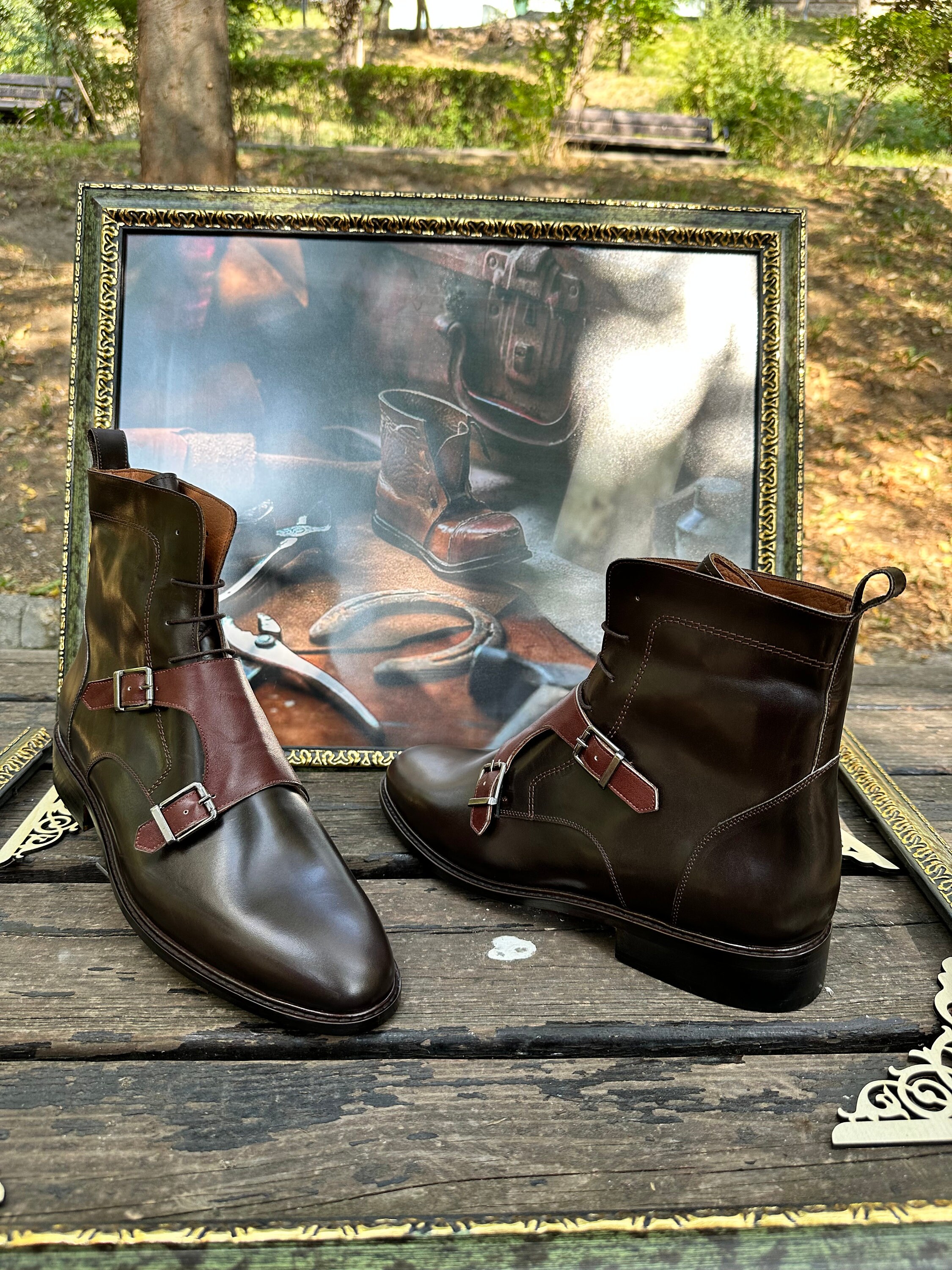 Double Monk Strap Boot for Men Brown Genuine Leather Ankle Boot