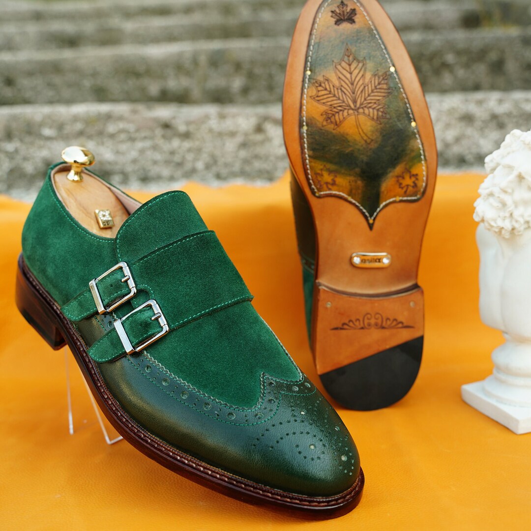 Green Suede Monk Strap Wing Tip Men Dress Shoe Double Monk Strap Shoesuit Men Shoesuit Men