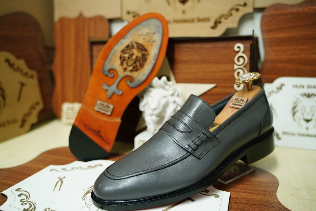 Gray Leather Loafer Moc Toe Penny Loafer men's Dress Shoe Leather Sole