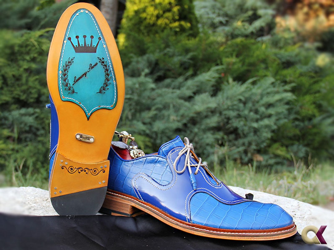 Blue Leather Oxford Dress Shoes for Men Premium Quality Bespoke Blue ...