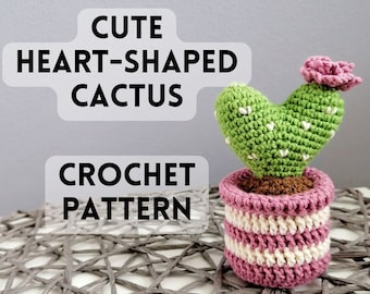 Patrón de crochet de cactus en forma de corazón, planta con flores de rayas coloridas, linda vegetación romántica decorativa, flora puntiaguda bordada en maceta