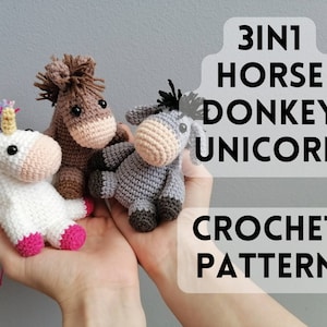 3in1 Horse, Donkey & Unicorn crochet pattern - beginner friendly, detailed. Fluffy adorable variable animal, fast cute colourful plushie