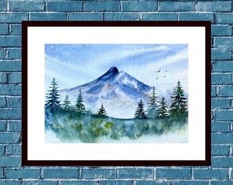 Original misty mountain and trees watercolor landscape painting 5x7”, Original foggy trees art work, pine trees art , blue green landscapes