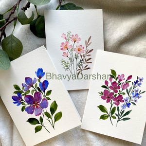 Hand-painted watercolour cards (Not a print), cute flowers botanical art cards 5x7” - set of 3, blank greeting cards, floral stationery gift