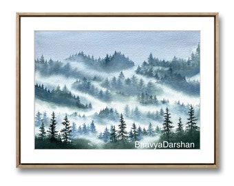 Original watercolor misty forest painting 9x12”, watercolour foggy pnw forest, moody pacific north west forest painting 9 by 12 inches