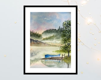 Original foggy moody watercolor painting 5x7” , Misty forest  and lake watercolour painting, foggy lake boat painting, moody art for home