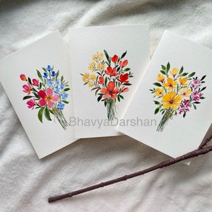 Juego de tarjetas florales de acuarela originales de 5 x 7 pulgadas, tarjetas de arte botánico hechas a mano, tarjeta con ramo de flores, tarjetas navideñas de acuarela: juego de 3