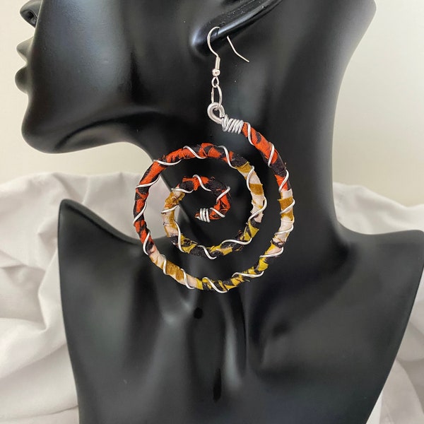 African fabric and aluminium wire hooped earrings