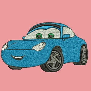 Puede incluir: Un coche de dibujos animados azul con una cara sonriente y ojos grandes. El coche tiene un parabrisas negro y ruedas negras.