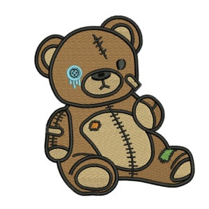 May include: A brown teddy bear with a stitched-up face and a blue eye patch. The bear has a stitched-up belly and is sitting with its legs crossed.
