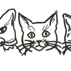 May include: Line drawing of three cat faces side by side. Each cat has a unique facial expression and whisker pattern.