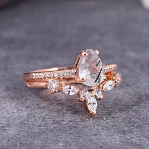 Pear Black Rutilated Quartz Engagement Ring Set: Rose Gold Moissanite Bridal Gift