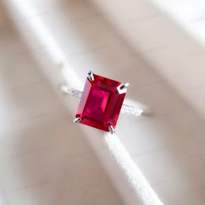 Emerald Cut Lab Created Ruby Solitaire Ring White Gold Minimalist Ring Statement Art Deco Jewelry July Birthstone Anniversary Gift for Her