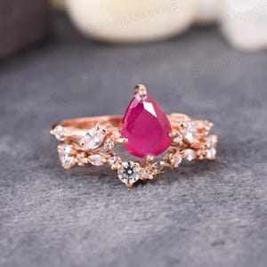 Pink Ruby Engagement Ring Set: 14k Rose Gold Bridal Cluster