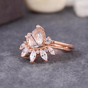 Pear Black Rutilated Quartz Engagement Ring Set: 14k Rose Gold Moissanite & Diamond Bridal Ring