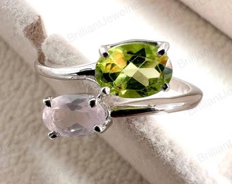 Rose Quartz Peridot Stacking Ring: Sterling Silver Birthstone Jewelry