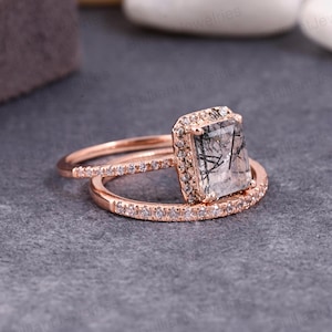 Vintage Art Deco Emerald Cut Rutilated Quartz Ring Set, 14k Rose Gold Promise Ring