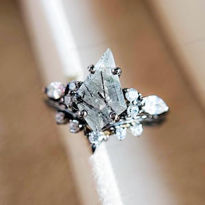 Kite Cut Rutilated Quartz Engagement Ring Set: Art Deco Bridal Ring