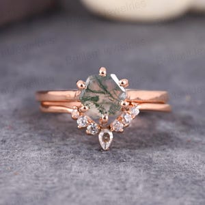 Vintage Hexagon Moss Agate Engagement Ring Set: Rose Gold Bridal Jewelry