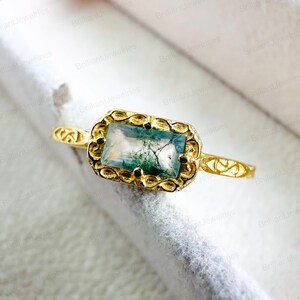 Anillo de ágata musgosa: baguette art déco, alianza de plata de ley