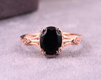 Anillo de compromiso vintage de ónix negro ovalado: oro rosa de 14 k, detalles de moissanita