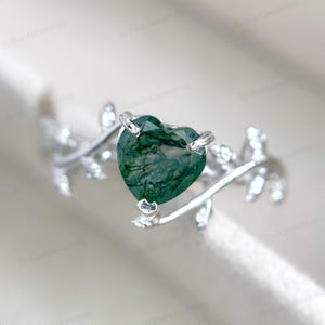 Heart Cut Moss Agate Ring: Sterling Silver Engagement Ring