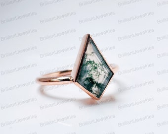 Natural Moss Agate kite cut Ring green moss agate engagement ring set Silver rose gold marquise cut zirconia ring for women wedding ring