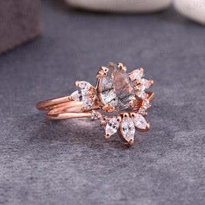 Pear Black Rutilated Quartz Ring Set: Rose Gold Moissanite & Diamond Bridal Ring