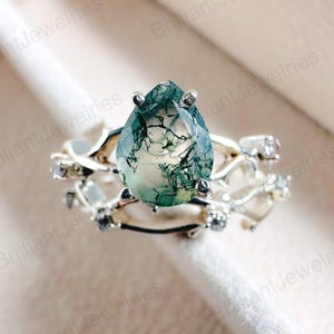 Twig Moss Agate Engagement Ring Set: Pear Cut Sterling Silver Branch Bridal Set