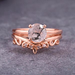 Black Rutilated Quartz Engagement Ring Set: 14k Rose Gold & Diamond Promise Ring