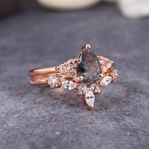 Pear Black Rutilated Quartz Engagement Ring Set: Rose Gold Moissanite Marquise Diamond Bridal Ring