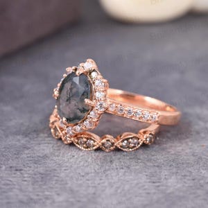 Vintage Moss Agate Halo Ring Set: Oval Rose Gold Wedding Bridal Set